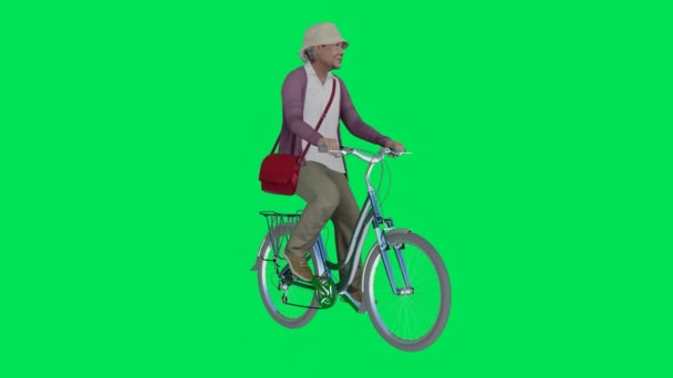 3D渲染绿色屏幕彩色键动画孤立韩国老年妇女骑自行车从三个角落的角度 — 图库视频影像