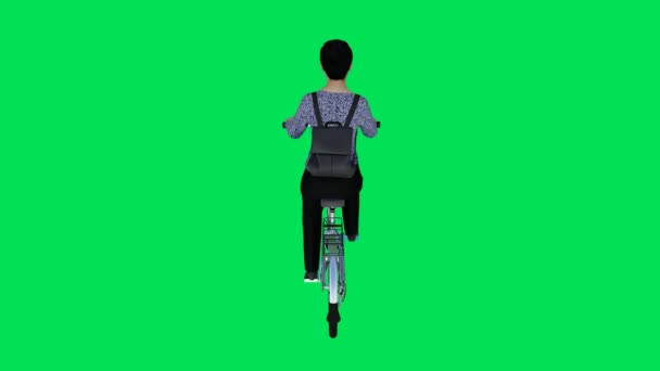 3Dレンダリンググリーンスクリーンクロマキーアニメーション 背面から自転車に乗っている中年女性 — ストック動画