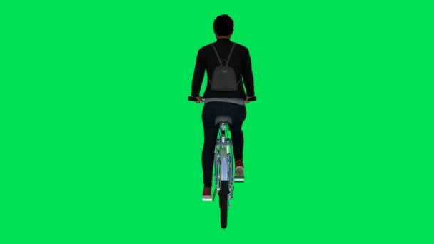 3Dレンダリンググリーンスクリーンクロマキーアニメーション 背面角度から自転車に乗っている女性乗客 — ストック動画
