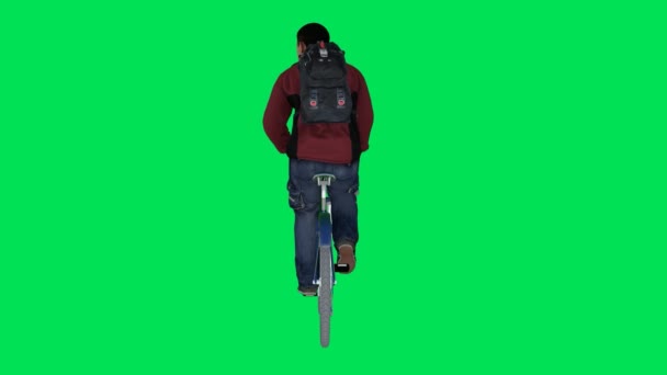 Рендеринг Зеленый Экран Хрома Ключевой Анимации Изолированный Учитель Мужского Велосипеда — стоковое видео