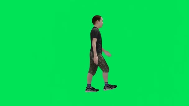 3Dレンダリンググリーンスクリーンクロマキーアニメーション隔離された10代の少年は 脇の角度から歩いています — ストック動画