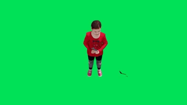 Рендеринг Зеленого Экрана Ключевая Анимация Изолирована Девочка Смотрит Вокруг Стоячем — стоковое видео