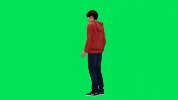 3Dレンダリング緑色のスクリーン クロマのキーアニメーションは立って立っている角度で議論する赤いハディと高校の男の子を隔離しました — ストック動画