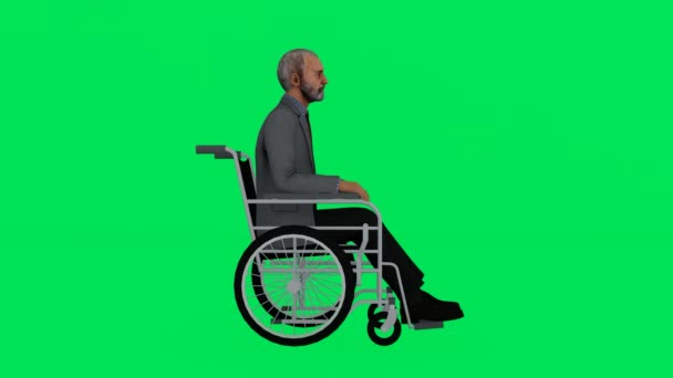 3Dレンダリンググリーンスクリーンクロマキーアニメーション横角度から車椅子に隔離された古いアメリカ人男性 — ストック動画