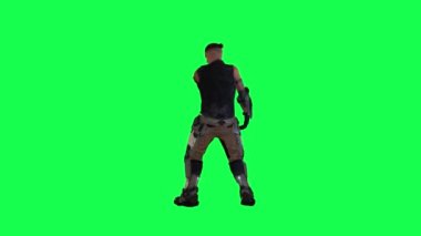 Üç boyutlu zombi savaşçısı silahını çıkardı ve yeşil ekrana sol açıdan ateş etti. Arka planda yürüyen üç boyutlu insanlar krom anahtar görsel efekt animasyonu.