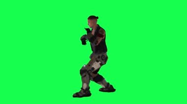3D animasyon askeri adam, yeşil ekranda dik açıdan rap yapıyor. Arka planda yürüyen 3 boyutlu insanlar, krom anahtar görsel efekt animasyonu.