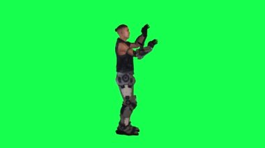3D savaşçı nişanlısını öpüyor sonra da yeşil ekran 3D 'de sol açıyla servis yapıyor. Arka planda yürüyen üç boyutlu insanlar. Görsel efekt animasyonu.