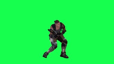 Mermi 3 boyutlu savaşçıya çarptığı anda yeşil ekranda karşı açıyla 3 boyutlu insanlar arka planda yürürken görsel efekt animasyonu