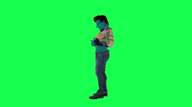 3D animasyon tehlikeli adam doğru açıdan hareket ederek yeşil ekranda çalışıyor arka planda yürüyen üç boyutlu insanlar krom anahtar görsel efekt animasyonu