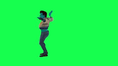 Mavi ve beyaz kıyafetli mavi renkli dev savaşçı profesyonel olarak yeşil ekranda dik açıyla dans ediyor. Arka planda yürüyen 3 boyutlu insanlar. Görsel efekt animasyonu.