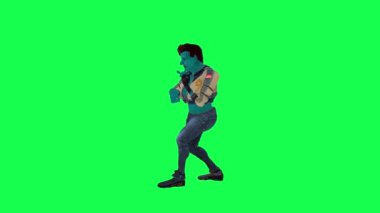 Mavi dev animasyon sanatçısı yeşil ekranda dik açıdan rap yapıyor. Arka planda yürüyen 3 boyutlu insanlar krom anahtar görsel efekt animasyonu
