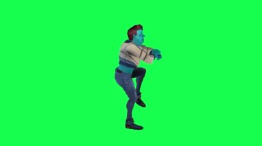 Yeşil ekranda sol açıdan dans eden mutlu mavi 3D karikatür adam arka planda yürüyen üç boyutlu insanlar krom anahtar görsel efekt animasyonu