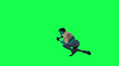 Mavi 3D animasyon adam, yeşil ekranda dik açıdan dövüşüyor ve yumrukluyor. Arka planda yürüyen üç boyutlu insanlar, krom anahtar görsel efekt animasyonu.