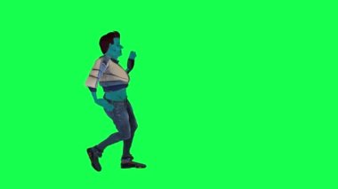 Mavi animasyon 3D adam yeşil ekranda dans ediyor. Sol açıdan 3D insanlar arka planda yürüyor. Krom anahtar görsel efekt animasyonu.
