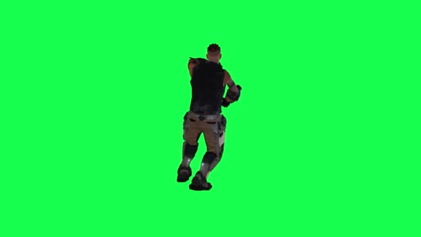 戦士軍の兵士の男 ゆっくりと緑の画面の背後から誰かを絞り込む バックグラウンドクロマキービジュアル効果アニメーション — ストック動画