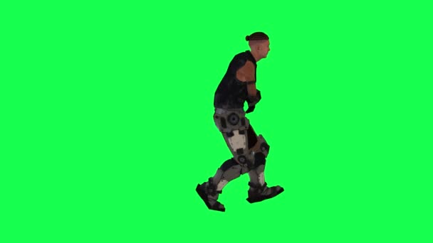 受伤3D动画士兵男子从左边跑到绿色屏幕3D人行走背景彩色键视觉效果动画 — 图库视频影像