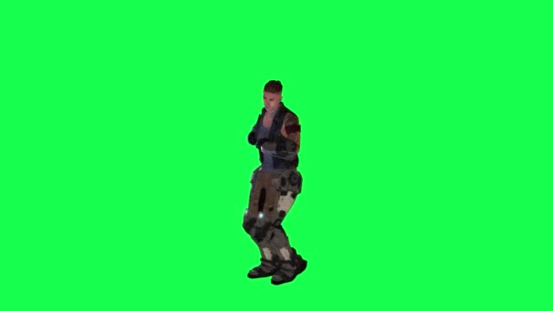 3D绿色屏幕上从相反角度跳舞的战士3D人走在后台彩色键视觉效果动画 — 图库视频影像
