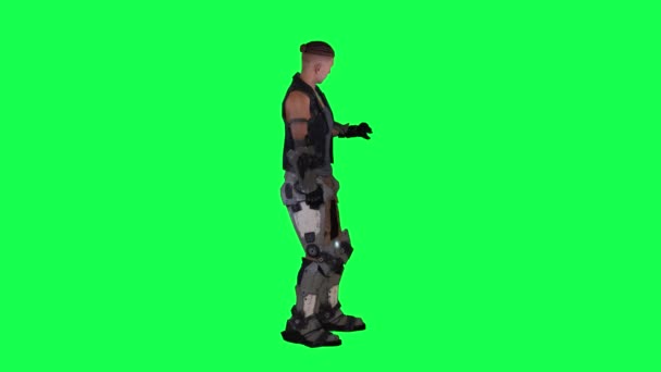 一个士兵从左边的角度检查他的胳膊和腿装甲的3D动画在一个绿色屏幕上的人走着 背景是彩色的 关键是视觉效果动画 — 图库视频影像