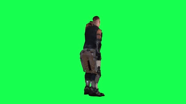 动画3D准军事战士在绿色屏幕上从左到右跳舞和玩乐3D人走背景色关键视觉效果动画 — 图库视频影像