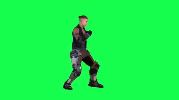 动漫士兵在绿色屏幕上打斗打拳3D人走背景色关键视觉效果动画 — 图库视频影像