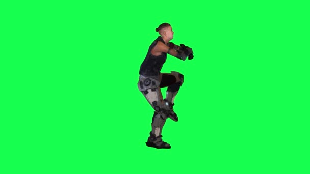一个士兵在绿色屏幕上从左下角跳嘻哈的3D动画3D人行背景彩色键视觉效果动画 — 图库视频影像
