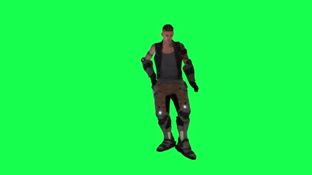 恐怖分子卡通人物从相反的角度在绿色屏幕上跳舞3D人行走背景彩色键视觉效果动画 — 图库视频影像