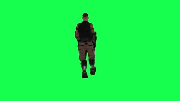 Savaşçı Çizgi Film Adamı Yeşil Ekranda Yürüyor Kontrol Ediyor Arka — Stok video