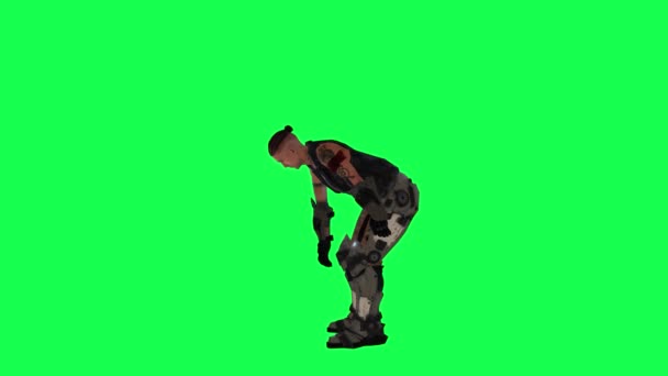 身穿黑色西装和棕色裤子的田径男子从直角举起重量在绿色屏幕3D上行走的背景色关键视觉效果动画 — 图库视频影像