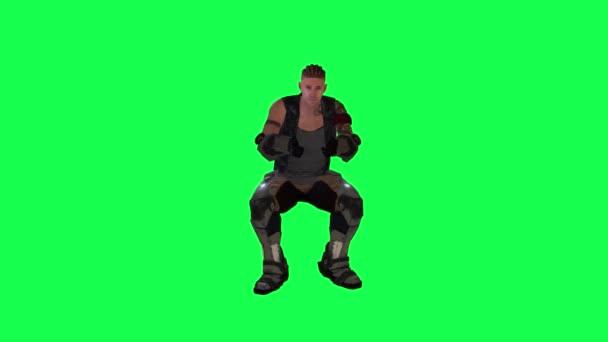 3D战士动画师身穿黑色西服 从相反角度在绿色屏幕上玩电子游戏3D人走背景色键视觉效果动画 — 图库视频影像
