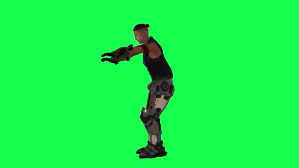 黒いスーツと茶色のズボンのスポーツマン 緑の画面上の右角度からボックスを閉じる3Dの人々 背景クロマキービジュアルエフェクトアニメーション — ストック動画