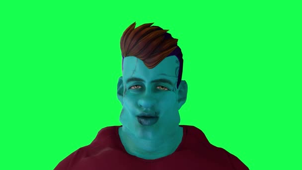 Gigante Animato Blu Tuta Rossa Parlare Sullo Schermo Verde Persone — Video Stock