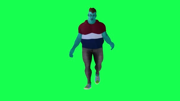 Fat Niebieski Animowany Człowiek Spacerujący Przeciwległego Kąta Zielonym Ekranie Ludzie — Wideo stockowe