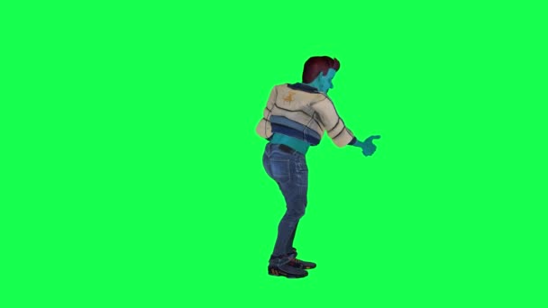 在绿色屏幕上用左角浇灌植物的类蓝色三维航天员3D人行走背景色键视觉效果动画 — 图库视频影像