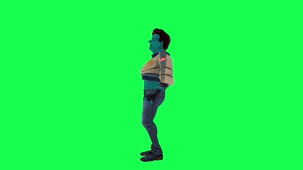 蓝色太空人在绿色屏幕上从直角获得胜利后欢欣鼓舞3D人行走背景色键视觉效果动画 — 图库视频影像