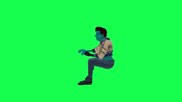 3D蓝色太空人与电脑从直角在绿色屏幕上工作3D人行走背景彩色键视觉效果动画 — 图库视频影像