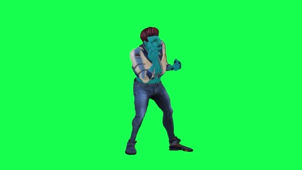 Tipo Hombre Animado Azul Golpea Desde Ángulo Izquierdo Pantalla Verde — Vídeo de stock