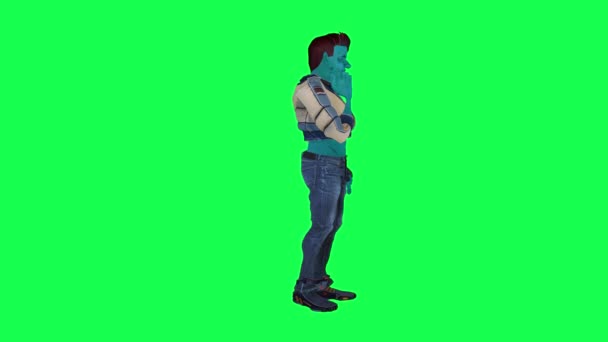 粗犷的蓝色3D动画人在绿色屏幕上从直角对着手机说话 3D人走在后台 彩色键视觉效果动画 — 图库视频影像