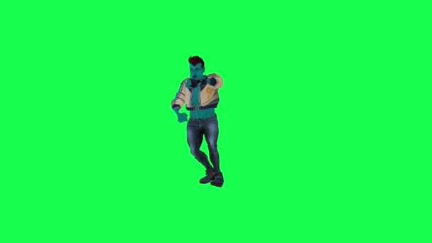 蓝色3D动画巨无霸准军事人员用铁丝从相反的角度勒死了一个男子在绿色屏幕3D上行走的人背景色关键视觉效果动画 — 图库视频影像
