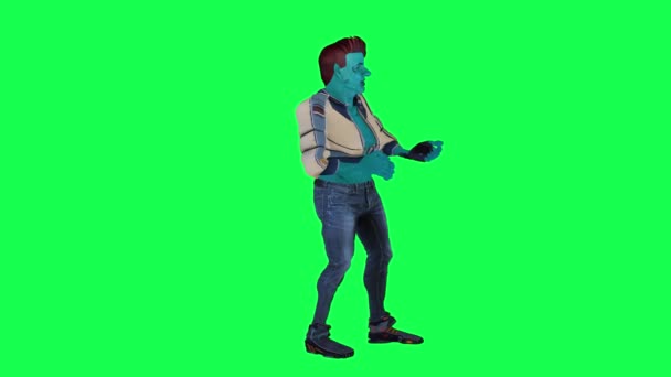 青3D漫画傭兵の男は銃を取り出し 緑のスクリーン3Dの人々がバックグラウンドクロマキービジュアルエフェクトアニメーションを歩いている左の角度からそれを戻します — ストック動画