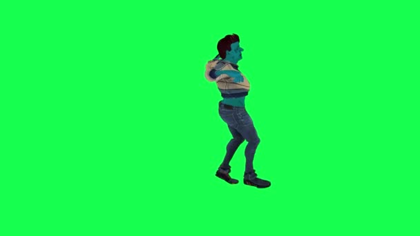 蓝色3D卡通人物在绿色屏幕上跳嘻哈3D人行走背景彩色键视觉效果动画 — 图库视频影像