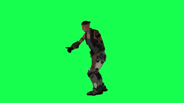 3D绿色屏幕上从直角浇灌植物的动画战士3D人行走背景彩色键视觉效果动画 — 图库视频影像