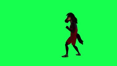 Üç boyutlu vahşi kahverengi konuşan animasyon at dövüşü ve tekmeleme yeşil ekranda dik açıdan arka planda yürüyen üç boyutlu insanlar krom anahtar görsel efekt animasyonu