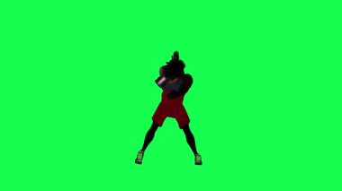 Kırmızı spor kıyafetli 3D kahverengi atletik at yeşil ekranda ön açıdan hip hop dansı yapıyor. Arka planda yürüyen 3 boyutlu insanlar, görsel efekt animasyonu.