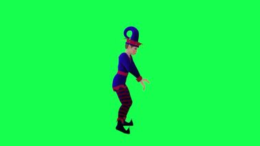 3D animasyon elf palyaçosu kırmızı mavi elbiseli dans eden robot hip hop yeşil ekranda soldan 3D insanlar arka planda yürüyen krom anahtar görsel efekt