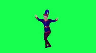 3D animasyon Yeni Yıl palyaço elfi kırmızı mavi elbiseyle yeşil ekranda salsa yapıyor arka planda yürüyen 3 boyutlu insanlar görsel efekt animasyonu