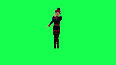 New Year's party elf dancing and tapping his butt from opposite angle on green screen 3D people walking background chroma key Visual effect animation