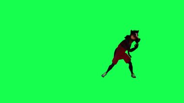 Kahverengi 3D antropomorfik sihirli at kırmızı eşofmanla yeşil ekranda sol açıdan break dans yapıyor. Arka planda yürüyen üç boyutlu insanlar görsel efekt animasyonu.