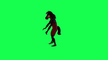 Kırmızı eşofmanlı kahverengi 3D karikatür at yeşil ekranda dik açıdan robot dansı yapıyor. Arka planda yürüyen üç boyutlu insanlar, görsel efekt animasyonu.