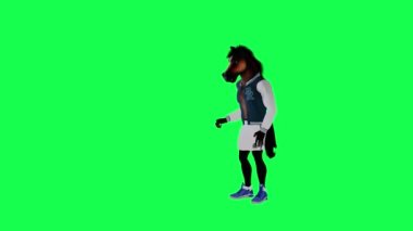 Spor kıyafetli üç boyutlu konuşan bir at kapıyı açar ve yeşil ekrandaki üç boyutlu salondan soyunma odasına girer. Arka planda yürüyen üç boyutlu insanlar, görsel efekt animasyonu.