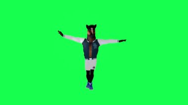 Eşofmanlı 3D animasyon at yeşil ekran üzerinde dans ve tepinme arka plan krom anahtar görsel efekt insanlar yürüme